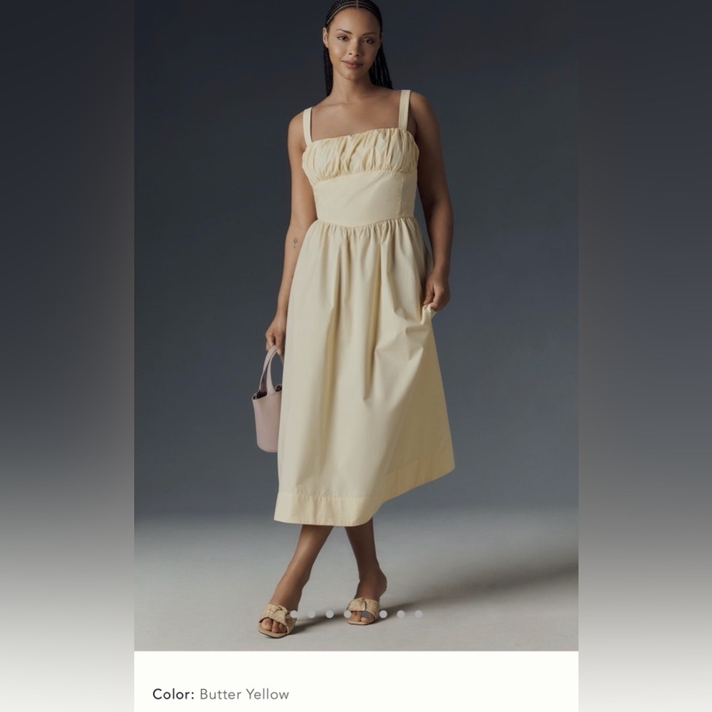 NWT new XL anthropologie drop waist ruched midi sun dress sleeveless yellow long